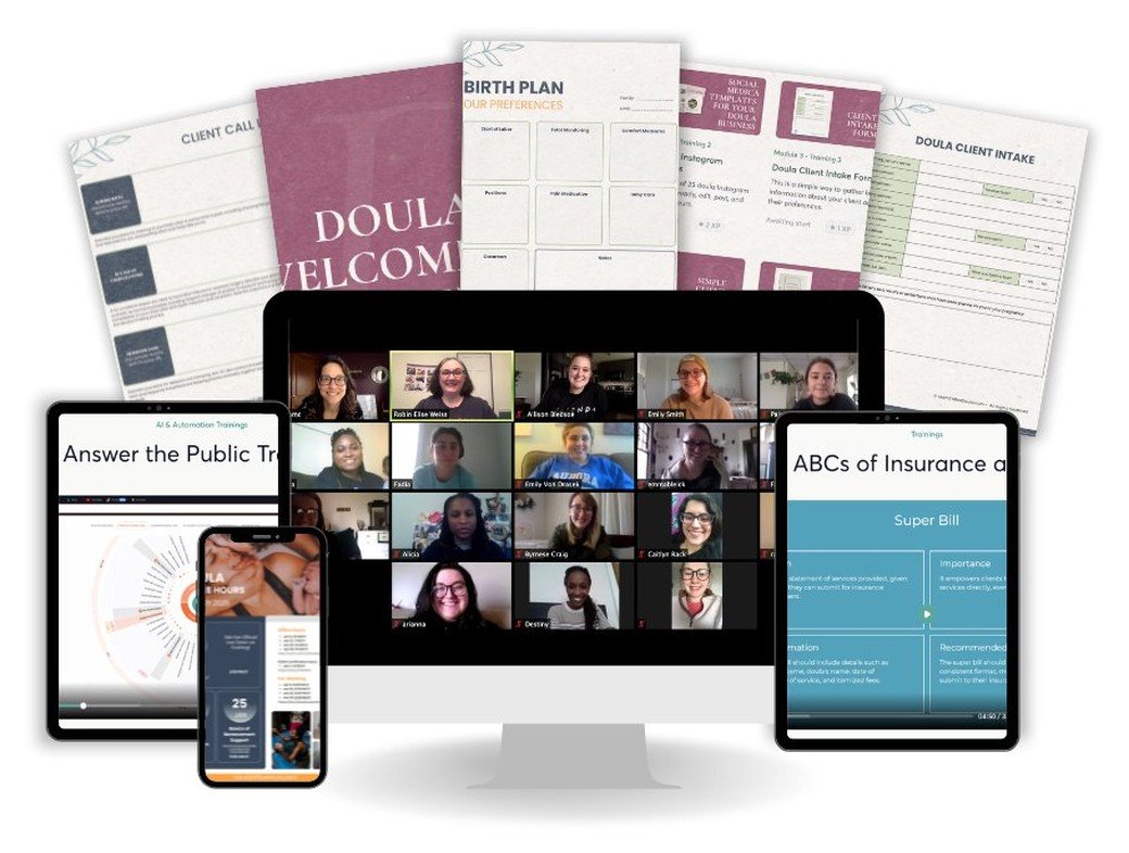 The Doula Mentoring Collective shown on a laptop, tablet, and phone, with sample templates and a live community call